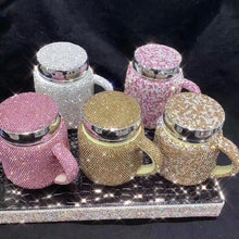 Load image into Gallery viewer, Sparkling Coffee Mug with Lid Ceramic Crystal Rhinestones Tumbler Cup - casselheart
