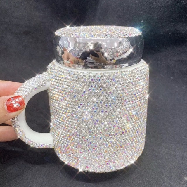 Sparkling Coffee Mug with Lid Ceramic Crystal Rhinestones Tumbler Cup - casselheart